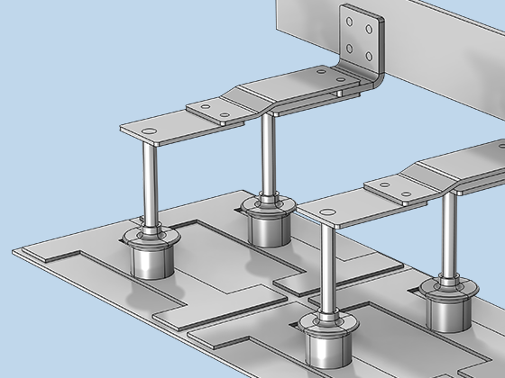 A closeup view of a busbar assembly model showing the geometry.
